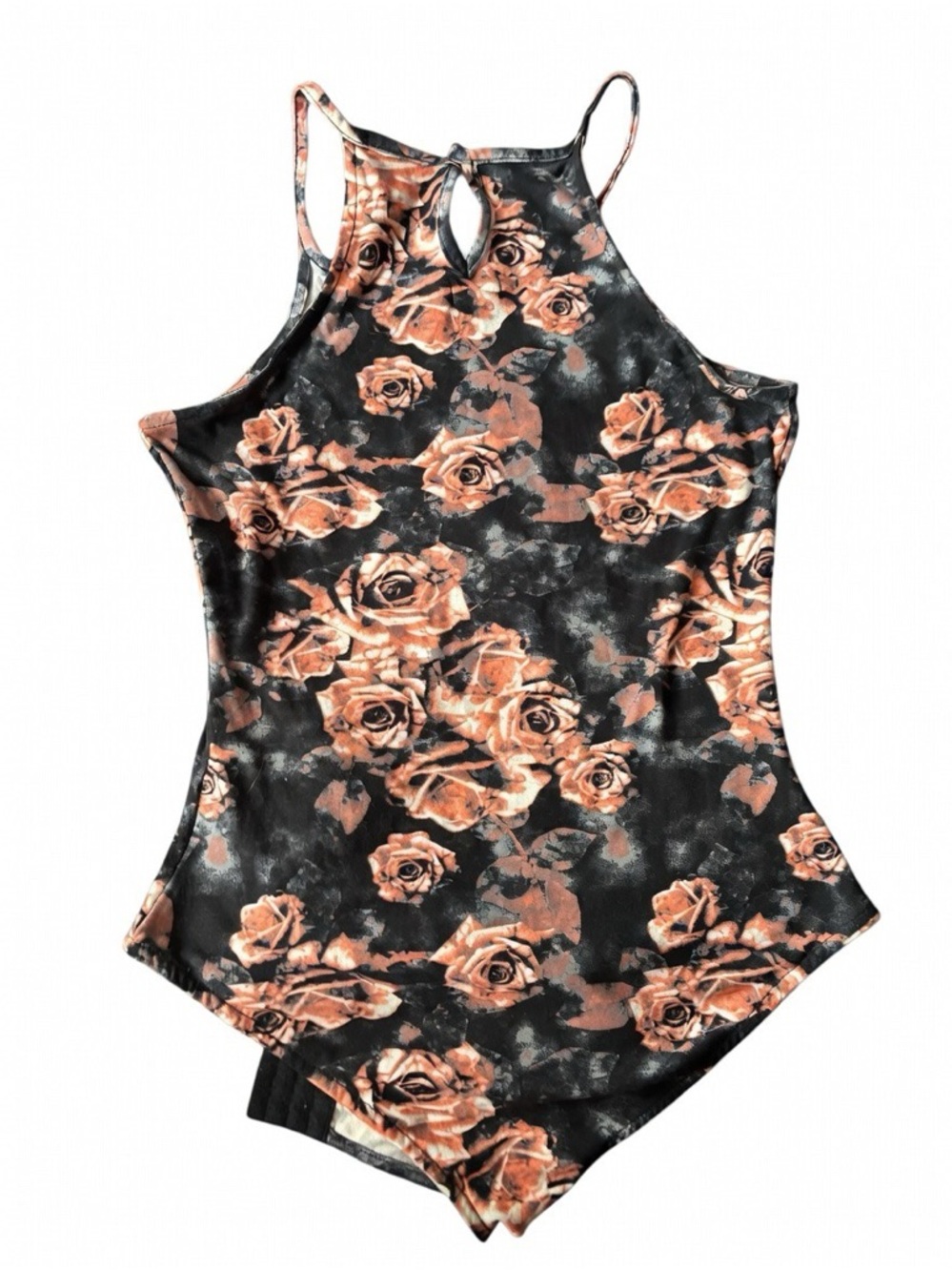 Floral Halter Romper in Black and Copper Rose